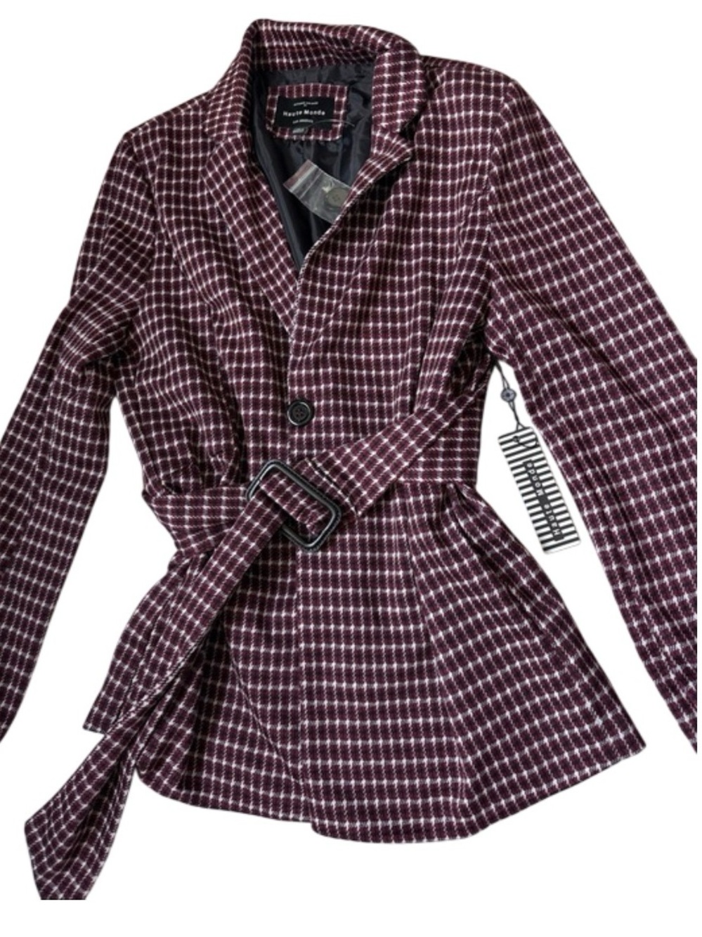 NWT Burgundy Plaid Belted Blazer size M
